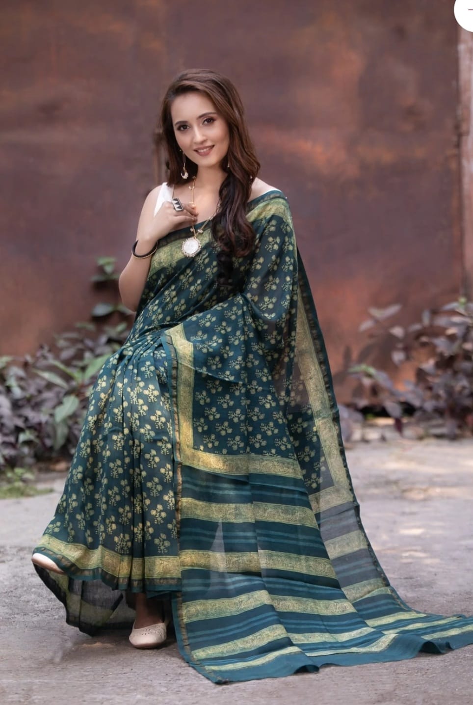 Opulent Dark Green Ajrakh Print Cotton Saree