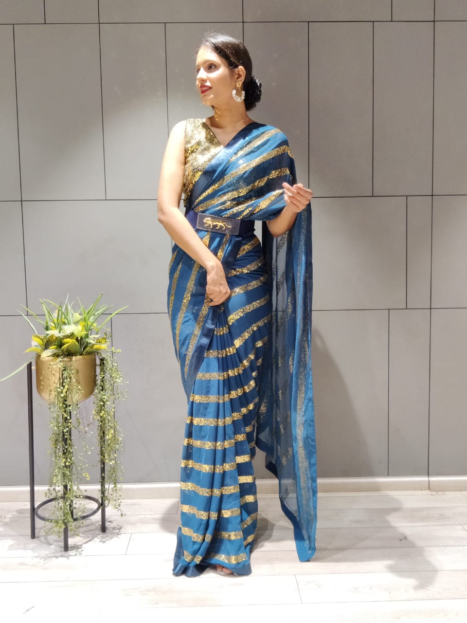 Ready To Wear Teal Blue Sequince Work  Saree