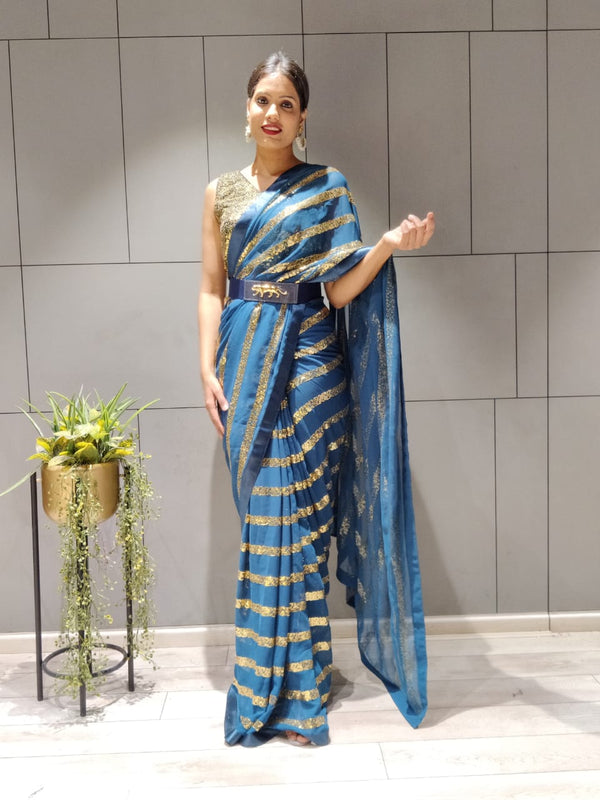 Ready To Wear Teal Blue Sequince Work  Saree