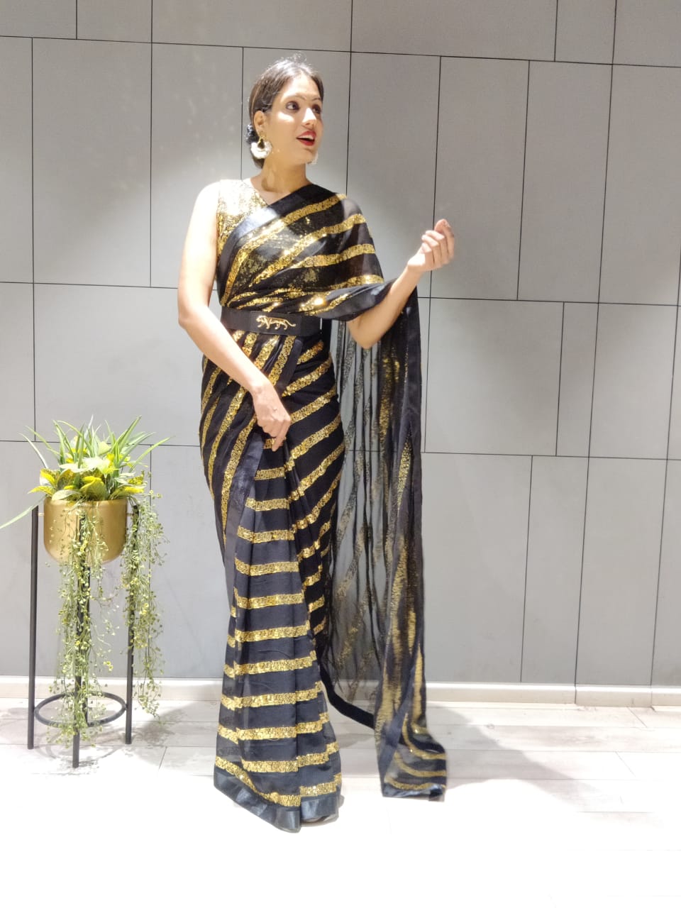 Ready To Wear Sequince Work Black Color Saree