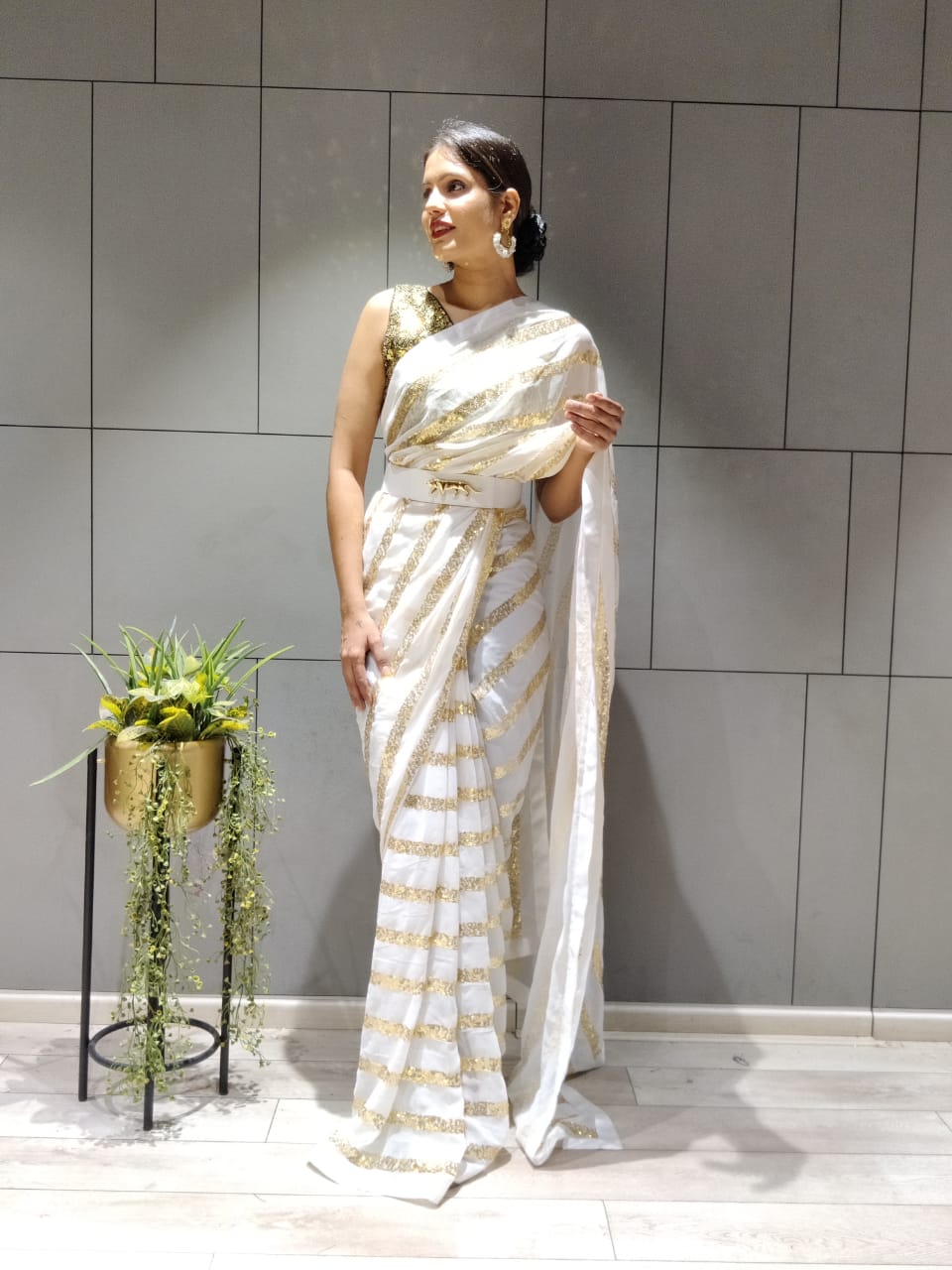 Ready To Wear White Color Sequince Work Saree