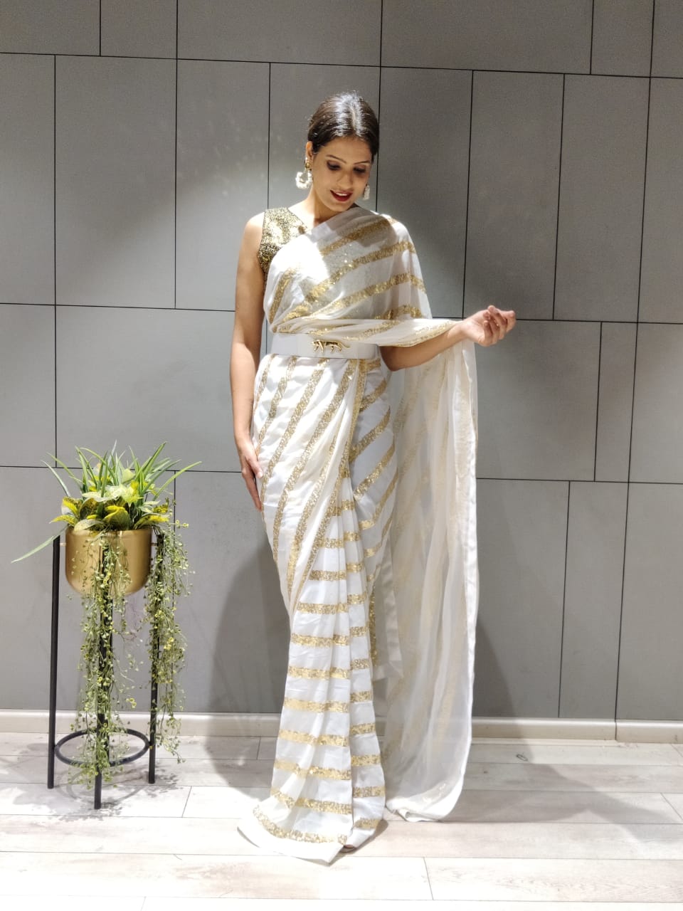 Ready To Wear White Color Sequince Work Saree