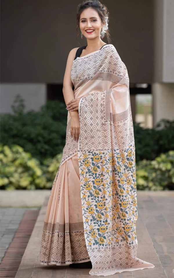 Fantastic Off-White Soft Silk Printed Saree