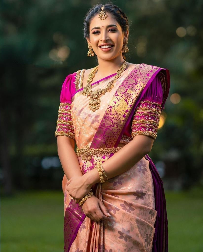 Peach Color Golden Jari Soft Lichi Silk Designer Saree