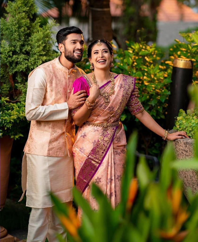 Peach Color Golden Jari Soft Lichi Silk Designer Saree