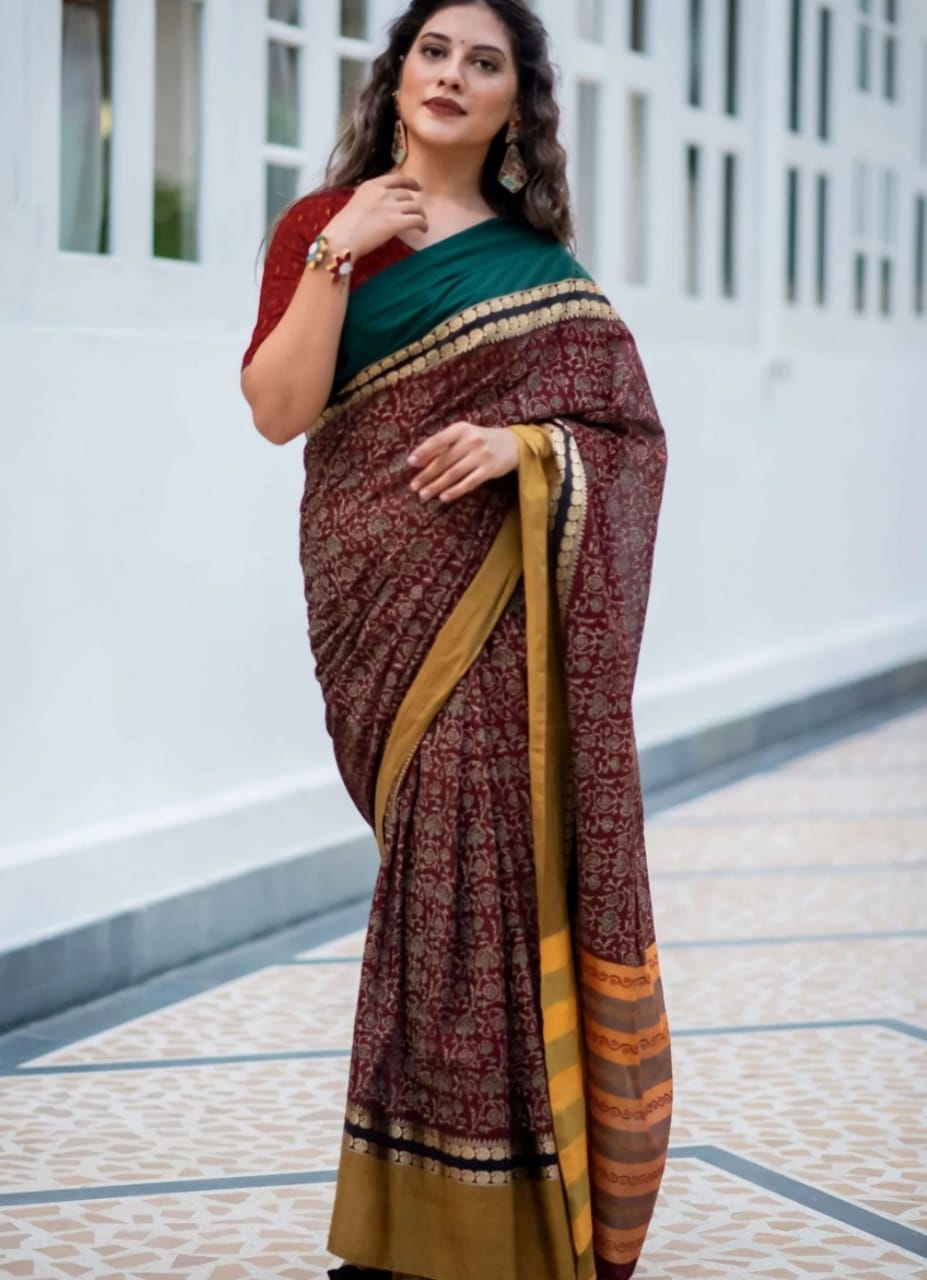 Luxuriant Maroon Color Soft Cotton Silk Saree