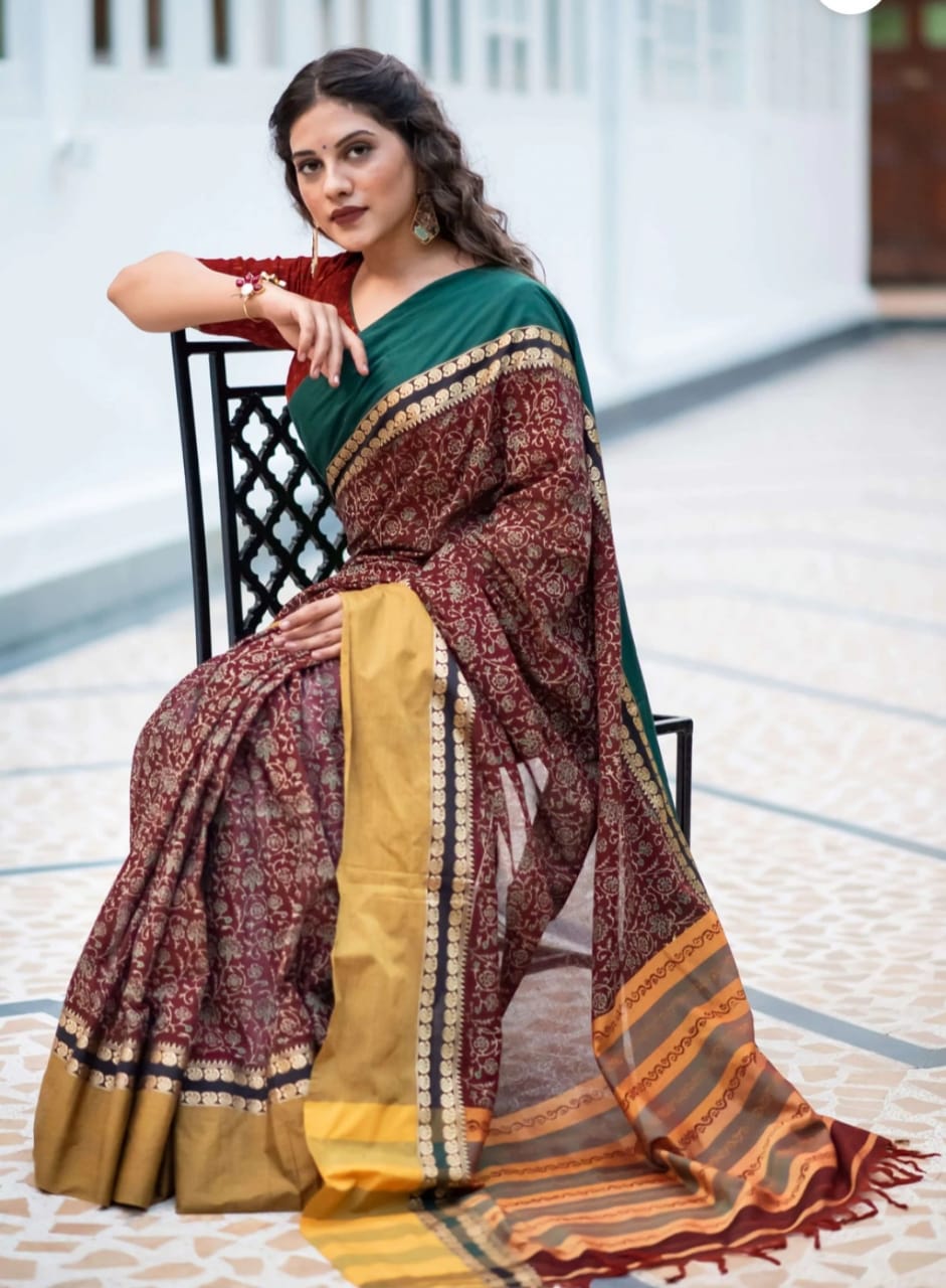 Luxuriant Maroon Color Soft Cotton Silk Saree