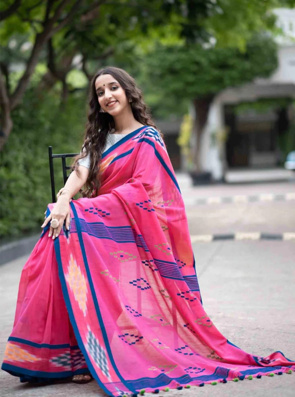 Fancy Pink Color Printed Soft Cotton Saree