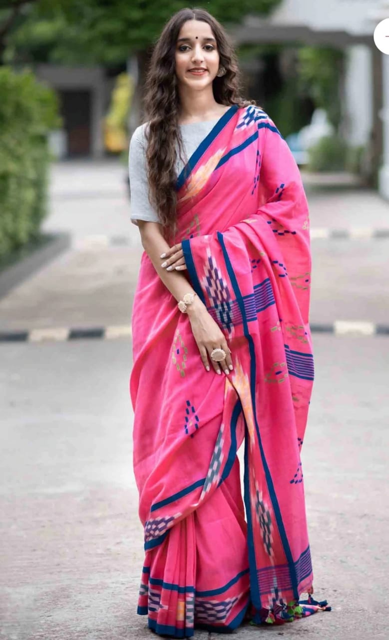 Fancy Pink Color Printed Soft Cotton Saree