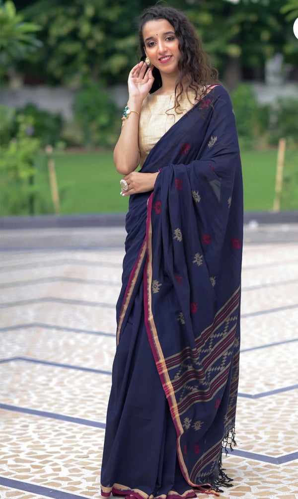 Fantastic Navy Blue Color Printed Soft Cotton Saree