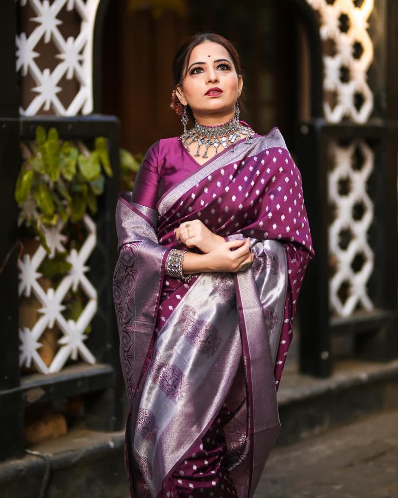 Exotic Wine Color Silver Work Design Saree
