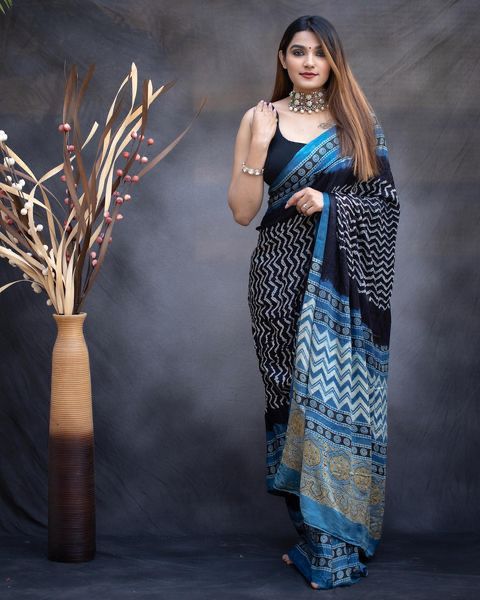 Designer Navy Blue Color Digital Printed Saree