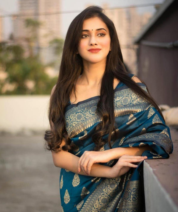 Glossy Teal Blue Color Jacquard Work Designer Saree