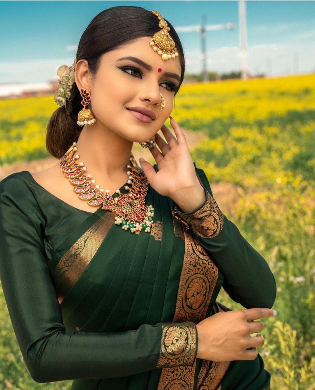 Glorious Green Color Soft Cotton Printed Saree