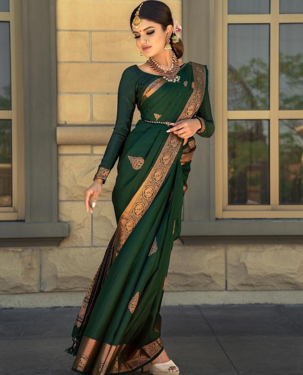 Glorious Green Color Soft Cotton Printed Saree
