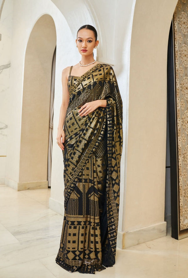 Designer Black Color Sequence Embroidery Work Saree