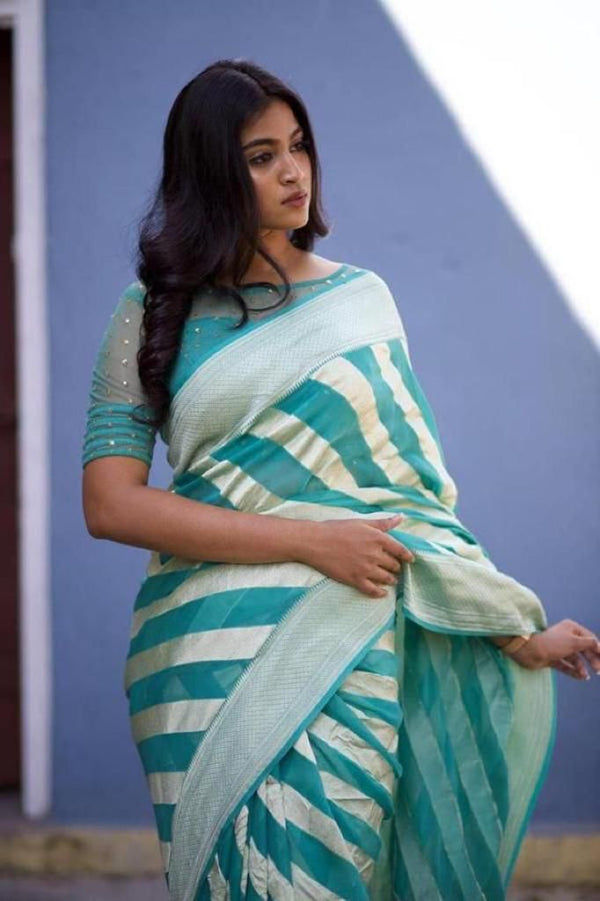 Classy Sky Blue And Silver Jacquard Work Saree