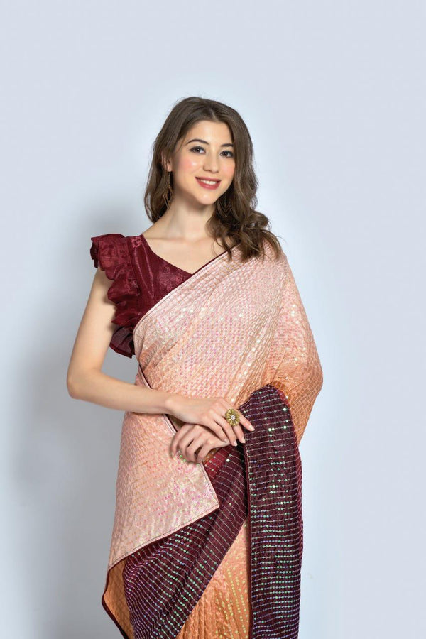 Stunning Light Pink With Coffee Color Sequin Saree