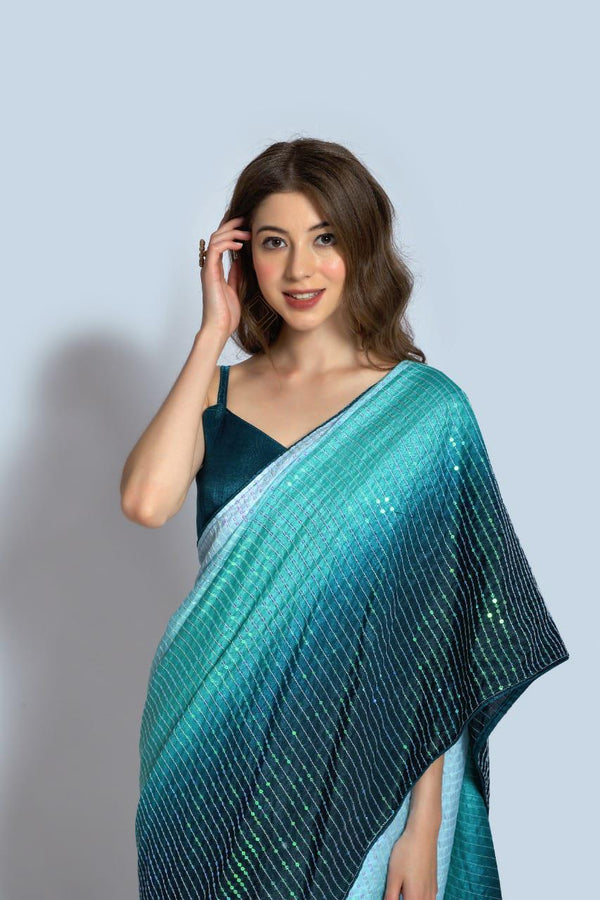 Stunning Sky With Teal Blue Color Sequin  Saree