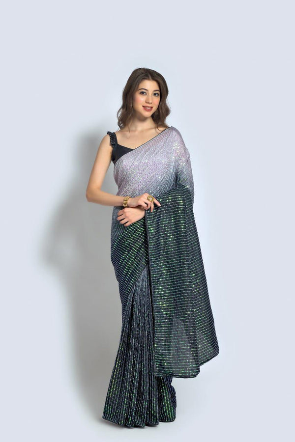 Stunning Grey With Black Color Sequin Saree