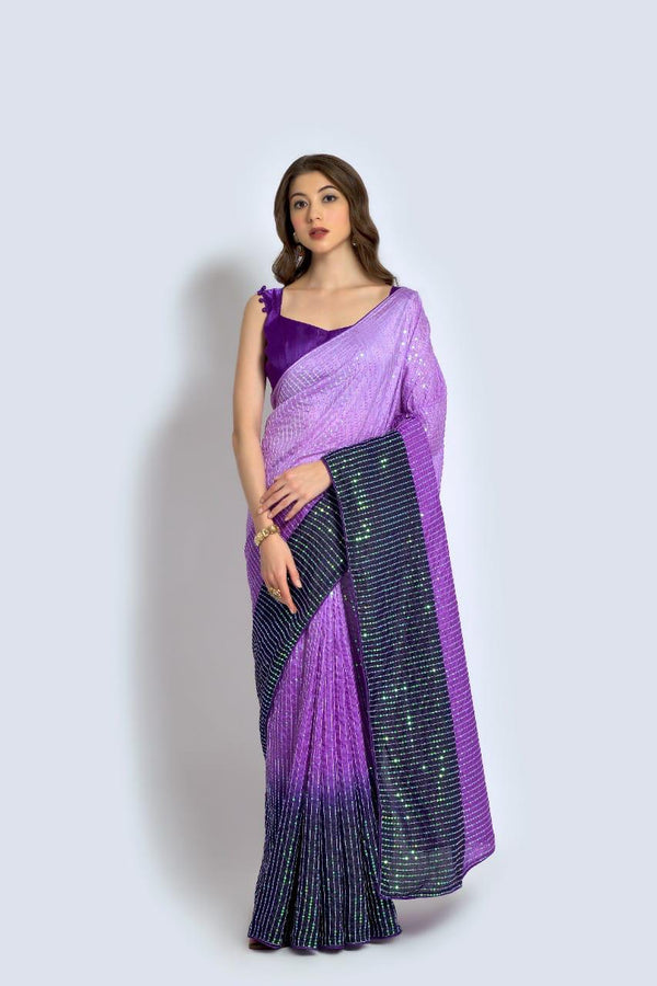 Stunning Lavender With Navy Blue Color Sequin Saree