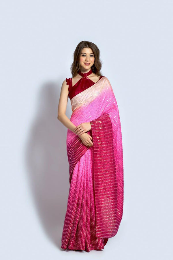 Stunning Pink With Maroon Color Sequin Saree