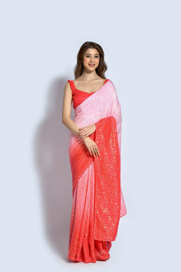 Stunning Light Pink With Red Color Sequin Saree