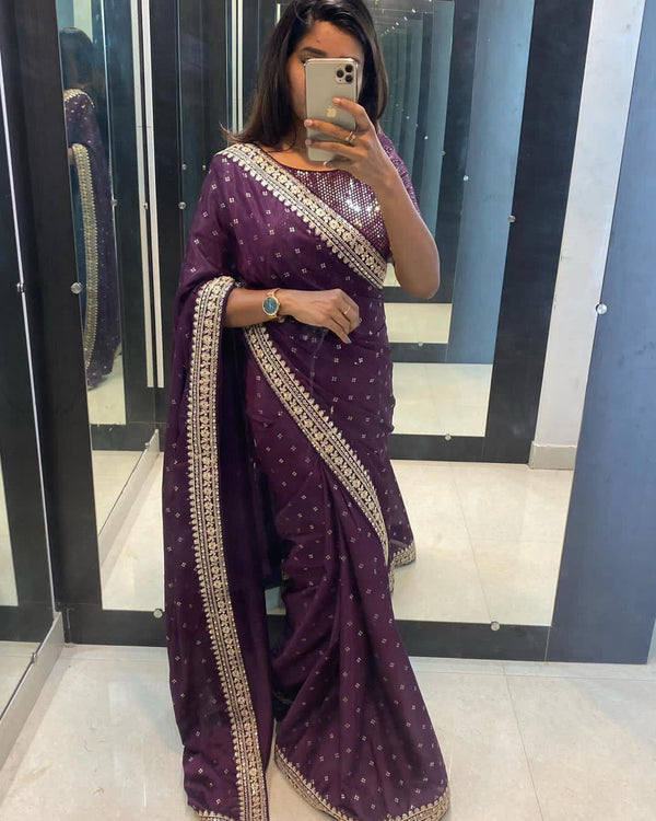 Wine Color Embroidery & Sequence Work Designer Saree