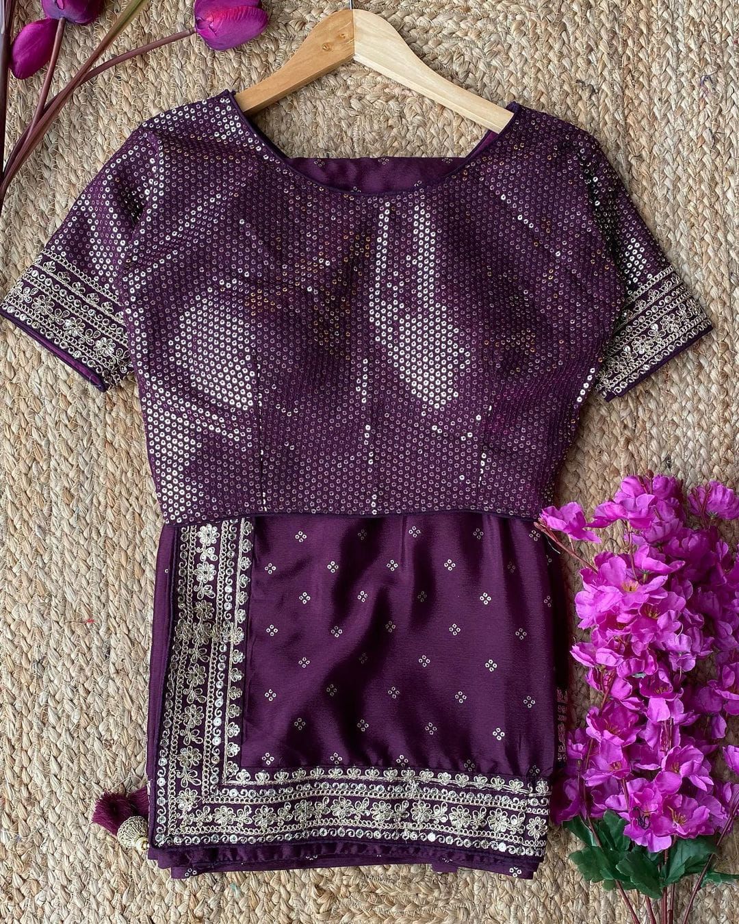 Wine Color Embroidery & Sequence Work Designer Saree