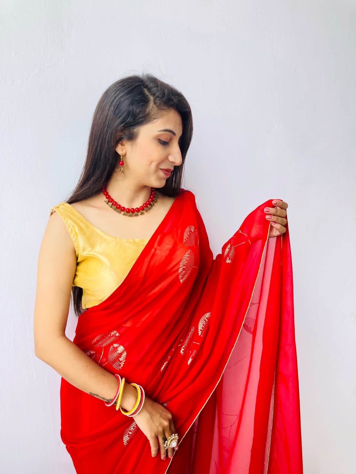 Amazing Red Color Beautiful Foil Print Saree