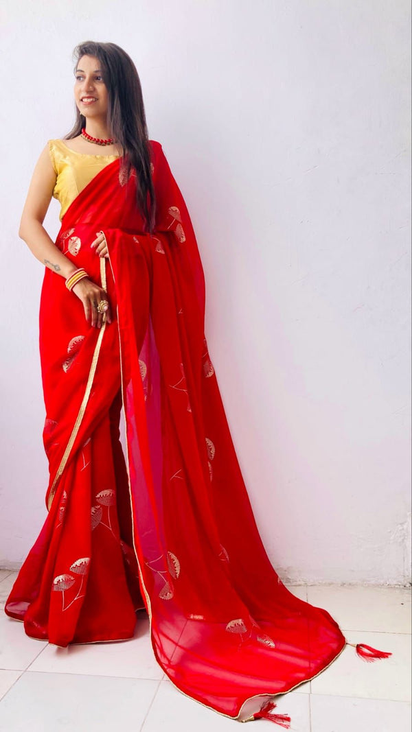 Amazing Red Color Beautiful Foil Print Saree