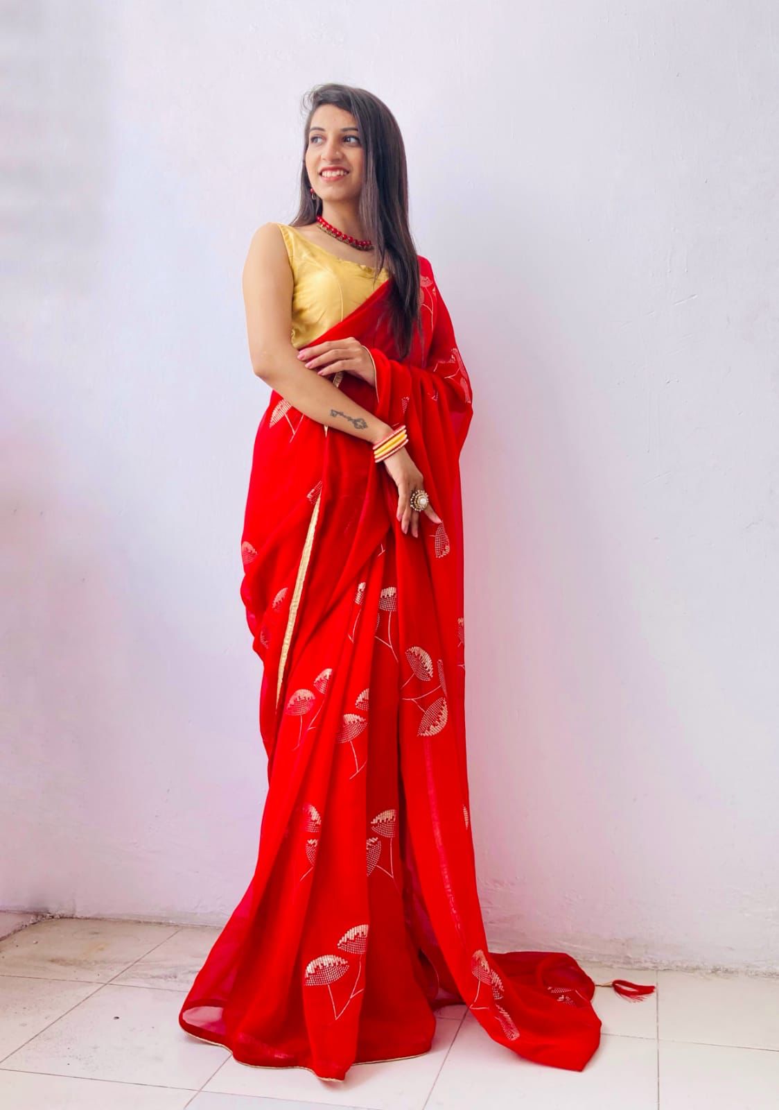 Amazing Red Color Beautiful Foil Print Saree