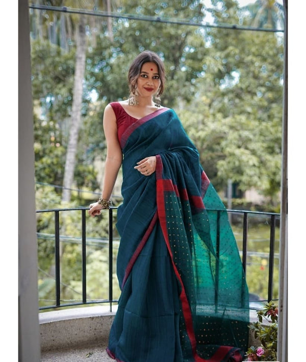 Marvelous Dark Green With Red Woven Border Saree