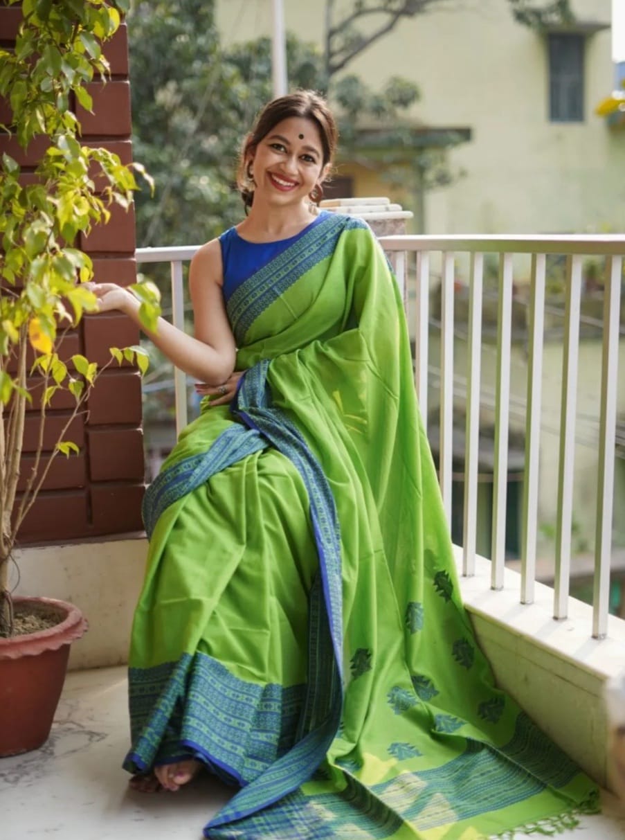 Gorgeous Parrot Green With Blue Color Cotton Silk Saree