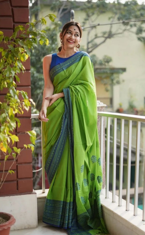 Gorgeous Parrot Green With Blue Color Cotton Silk Saree