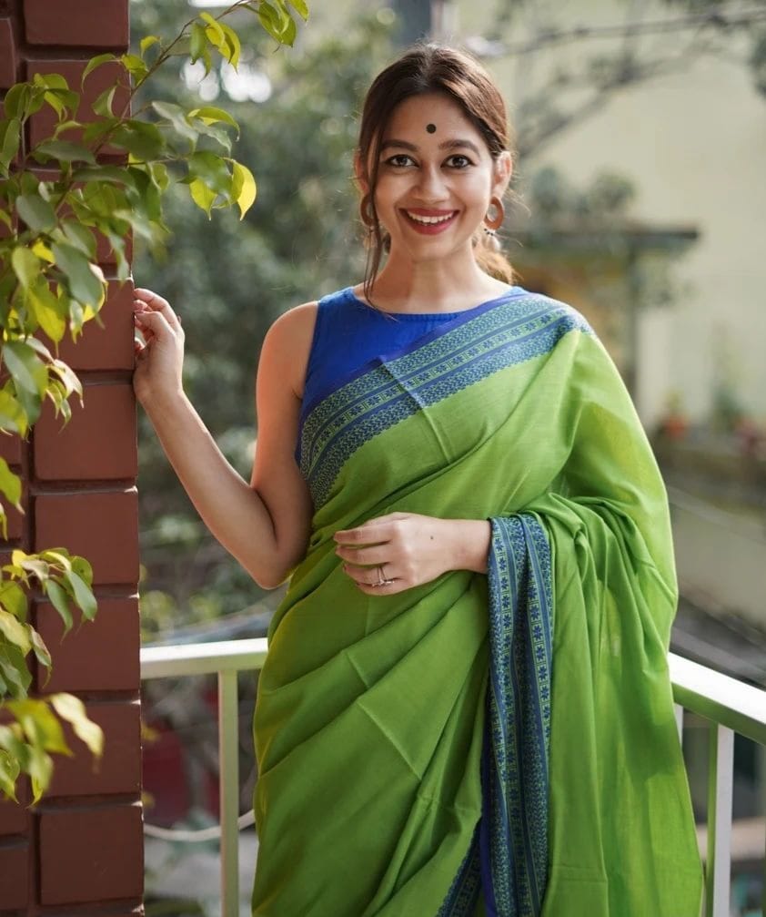 Gorgeous Parrot Green With Blue Color Cotton Silk Saree