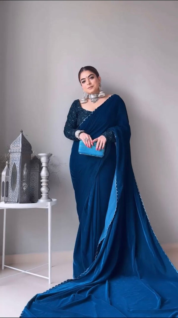 Beautiful Teal Blue Velvet Saree With Sequence Work Blouse