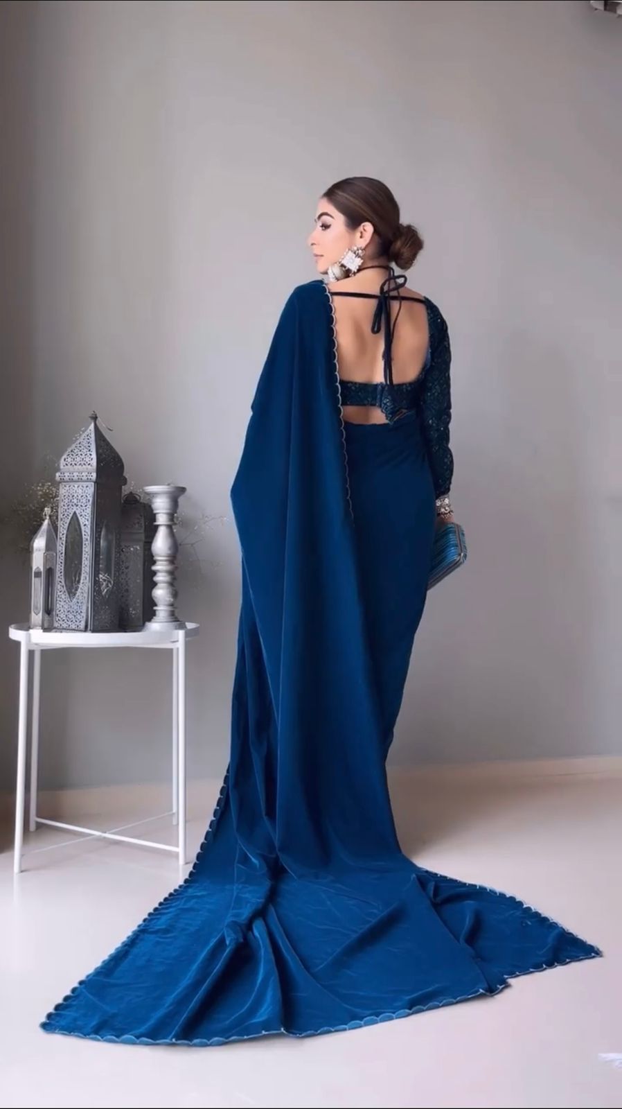 Beautiful Teal Blue Velvet Saree With Sequence Work Blouse