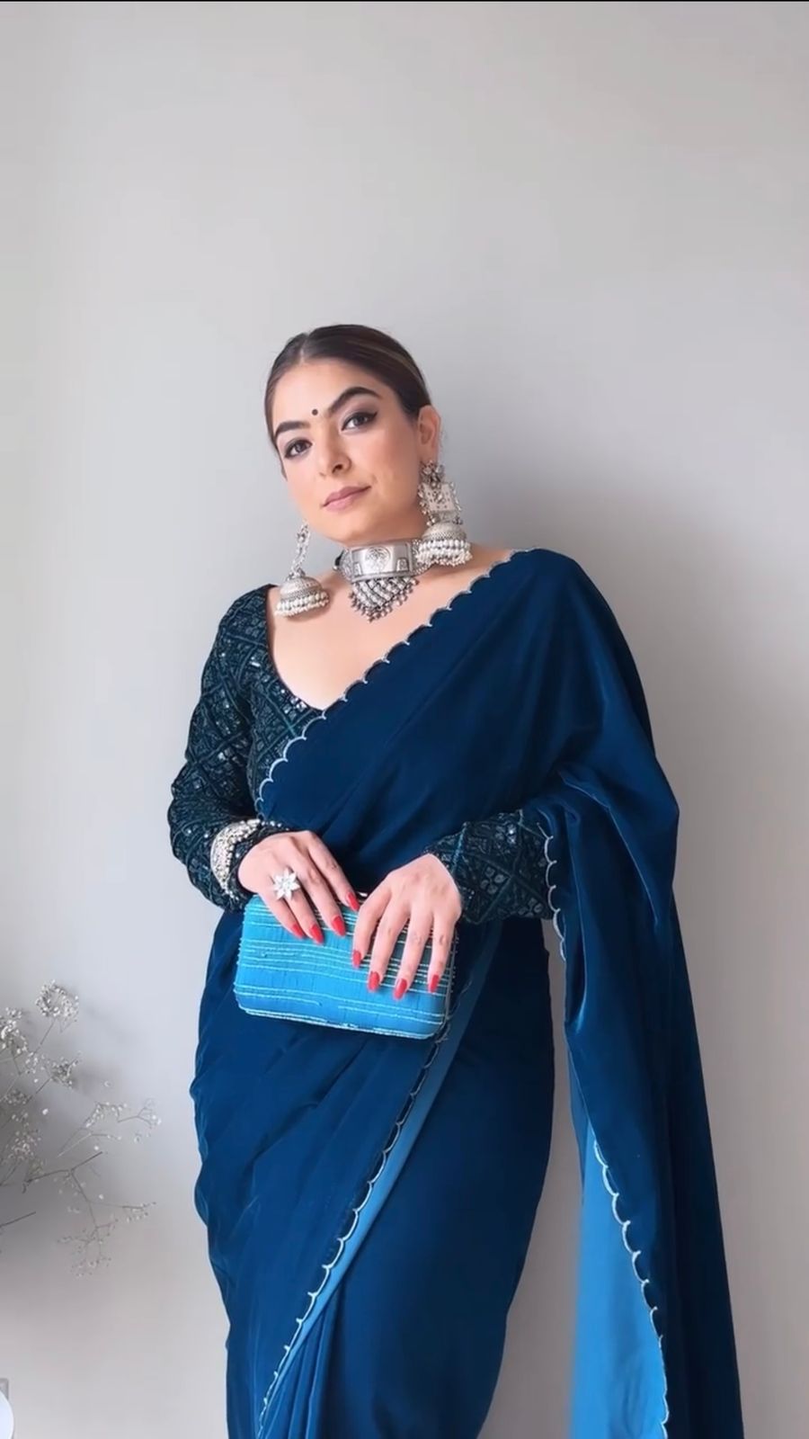Beautiful Teal Blue Velvet Saree With Sequence Work Blouse