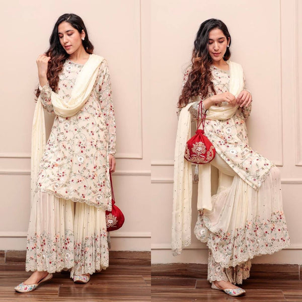 Party Wear White Color Sequence Thread Zari Work Sharara Suit