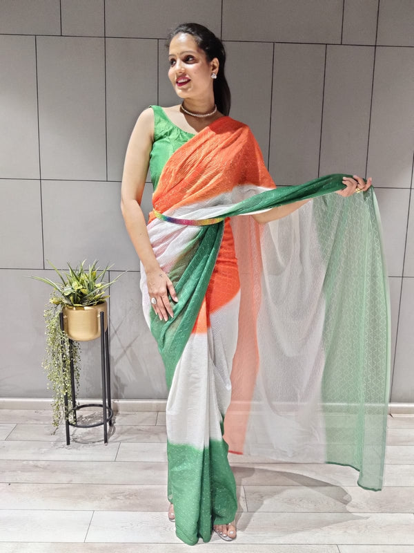 Tiranga Print Sequence Work Ready To Wear Saree