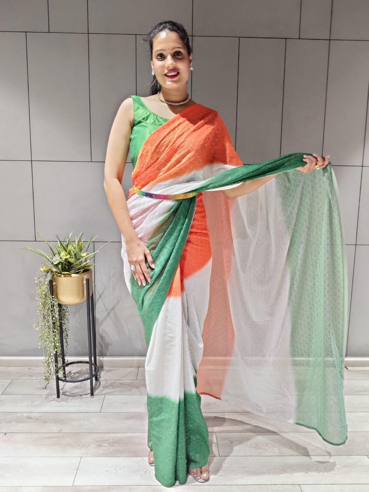 Tiranga Print Sequence Work Ready To Wear Saree