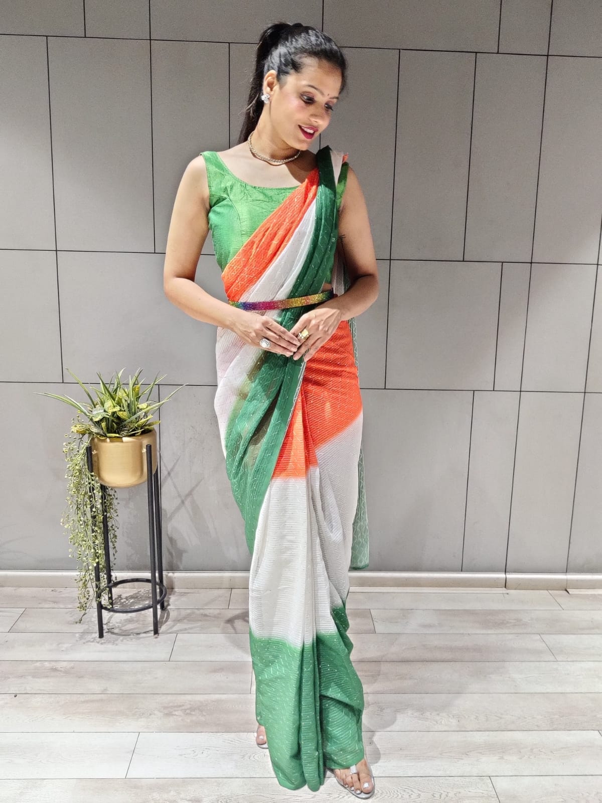 Tiranga Print Sequence Work Ready To Wear Saree