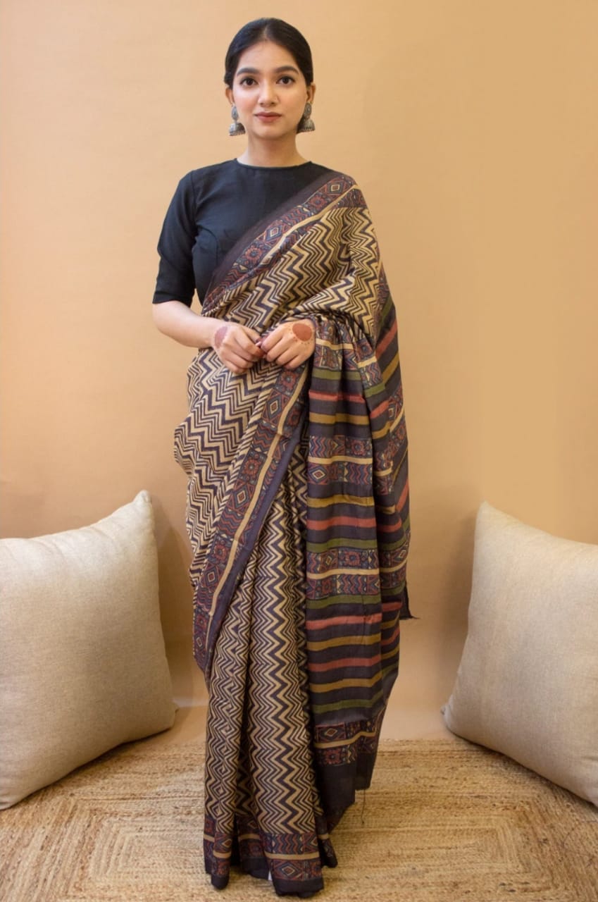 Elegant Black Color Cotton Silk  Saree