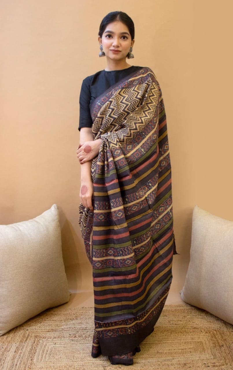 Elegant Black Color Cotton Silk  Saree