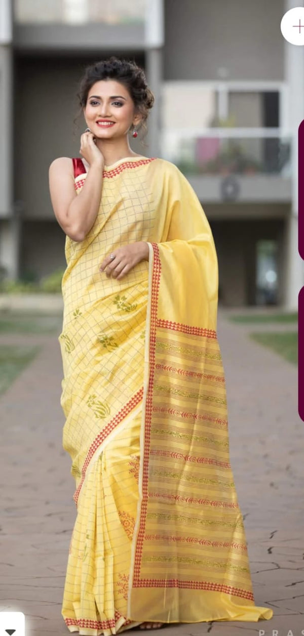 Classic Yellow Color Cotton Silk Saree