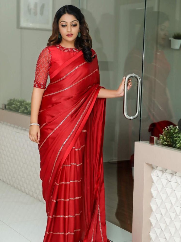 Red Color Embroidery Sequence Work Saree