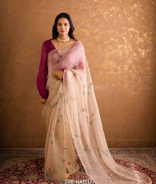 Peach Color Floral Leaf Design Handwork Sequence Work Organza Saree