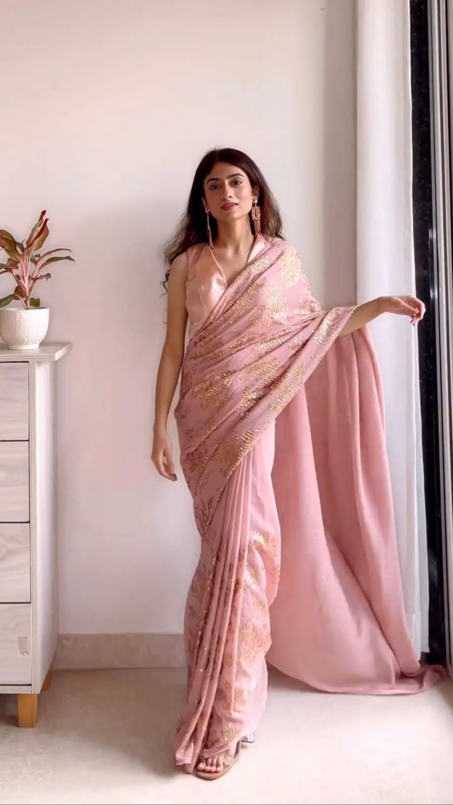 Celebrity Style Peach Color Sequence Work Saree