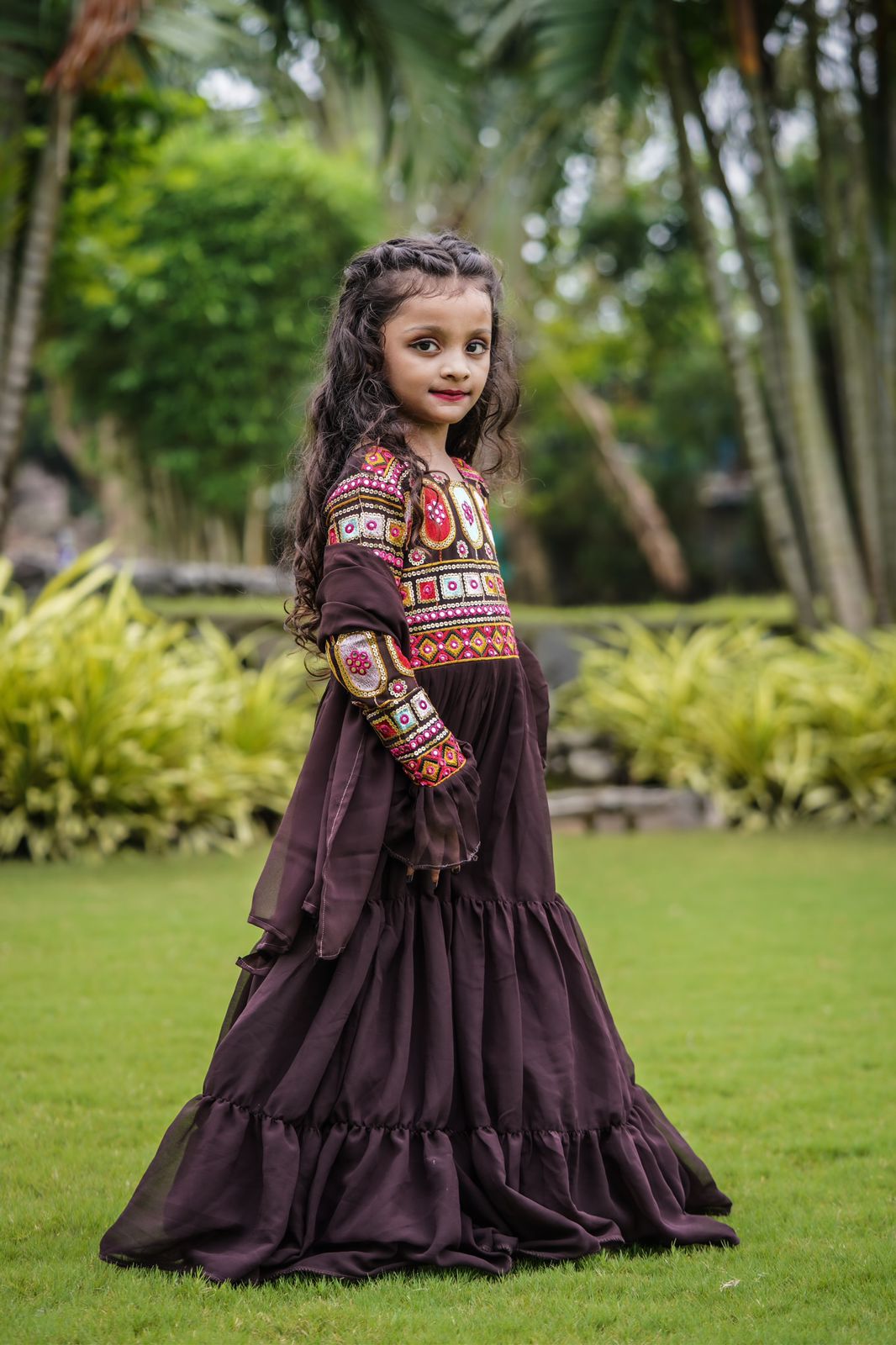 Ruffle Style Brown Color Sequence Thread Work Mother Daughter Gown